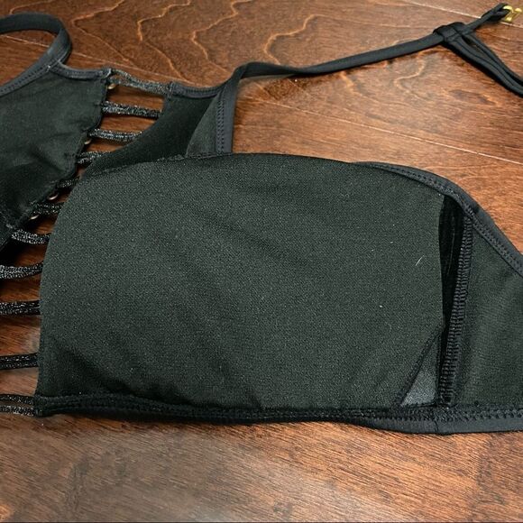 Kenneth Cole Black Halter Neck Strappy Bikini Top Gold Metal Button Detail Large - Picture 7 of 11